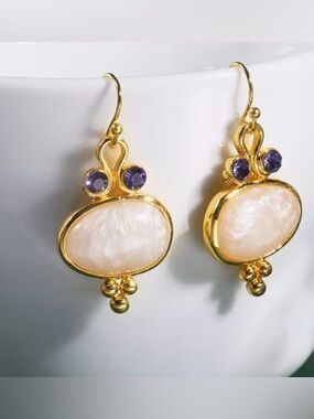 Gold Drop Earrings Pearl Oval Purple CZ Boho Artisan Statement
